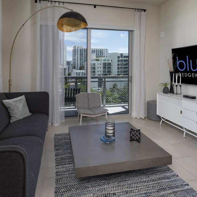 Blu27 - Spacious Living Room with Couch and Large Windows